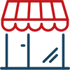 Stylised icon of a blue pet shop with red curtains